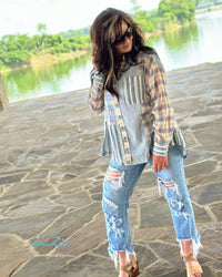 Woman Wearing Mixed Blue Print Plaid Long Sleeve Umgee Shirt 