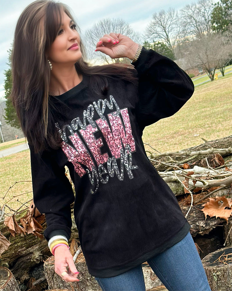 New Years Corded Pullover Black | TheBrownEyedGirl Boutique