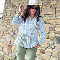 Woman wearing Mixed Olive Print Plaid Shirt Lo