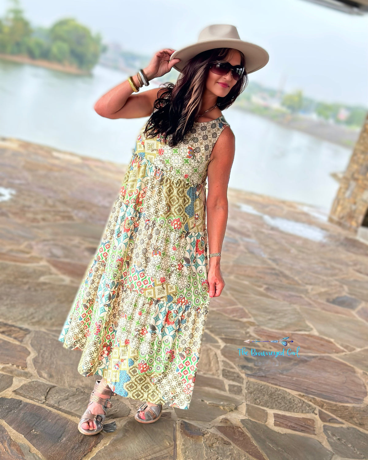 Woman Wearing Piper Green Vintage Mixed Print Boho Midi Dress | TheBrownEyedGirl Boutique