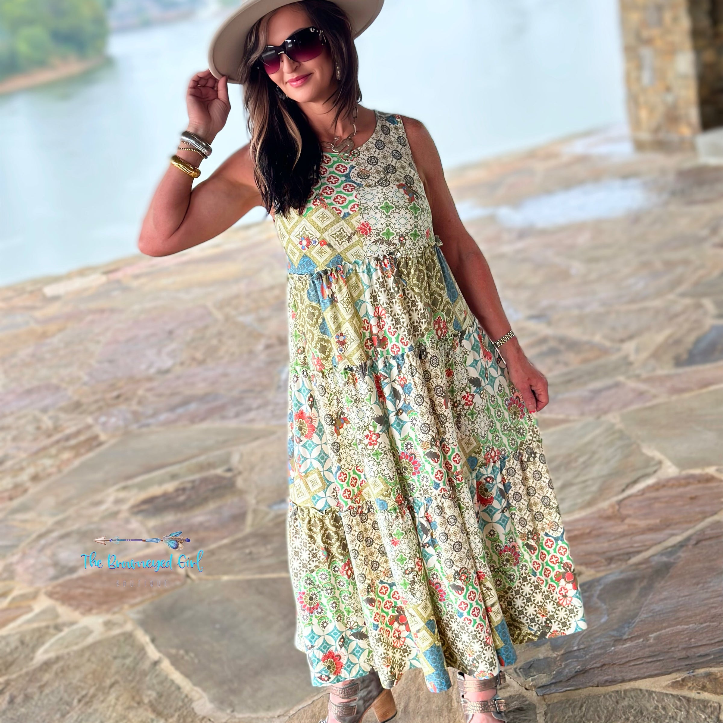 Piper Green Vintage Mixed Print Boho Midi Dress | TheBrownEyedGirl Boutique