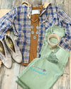 Vivi Flannel Plaid Button Down Hoodie Long Sleeve Top | TheBrownEyedGirl Boutique