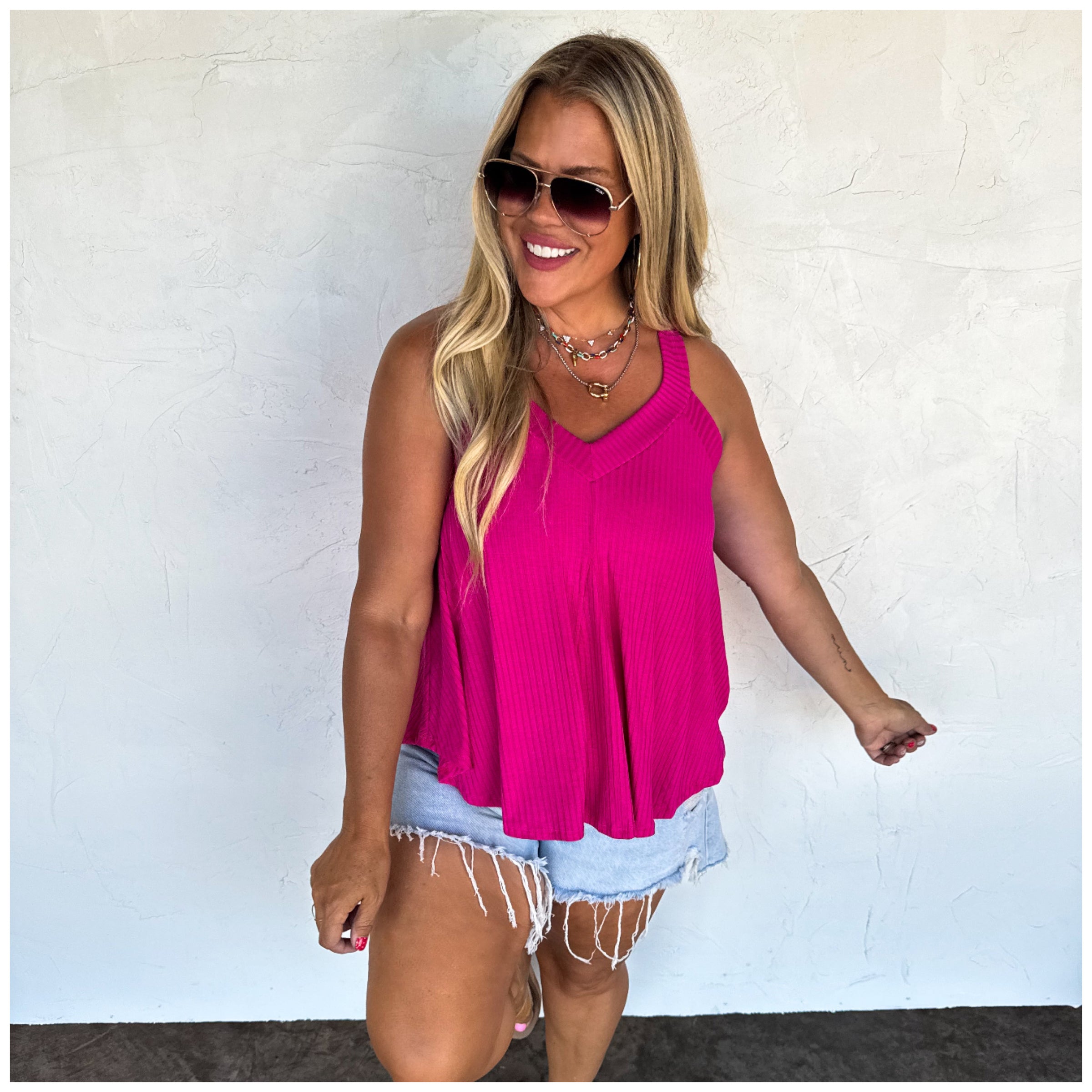Woman Wearing Fushia Kingsley Tank