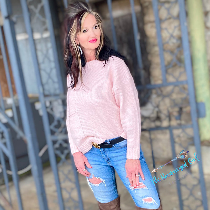 Pink Sweet Tart Solid Pocket Sweater Pink/Blue | TheBrownEyedGirl Boutique