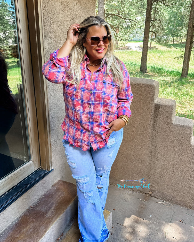 Woman Wearing A Red Ryann Bleached Distressed Flannel Button Down | TheBrownEyedGirl Boutique