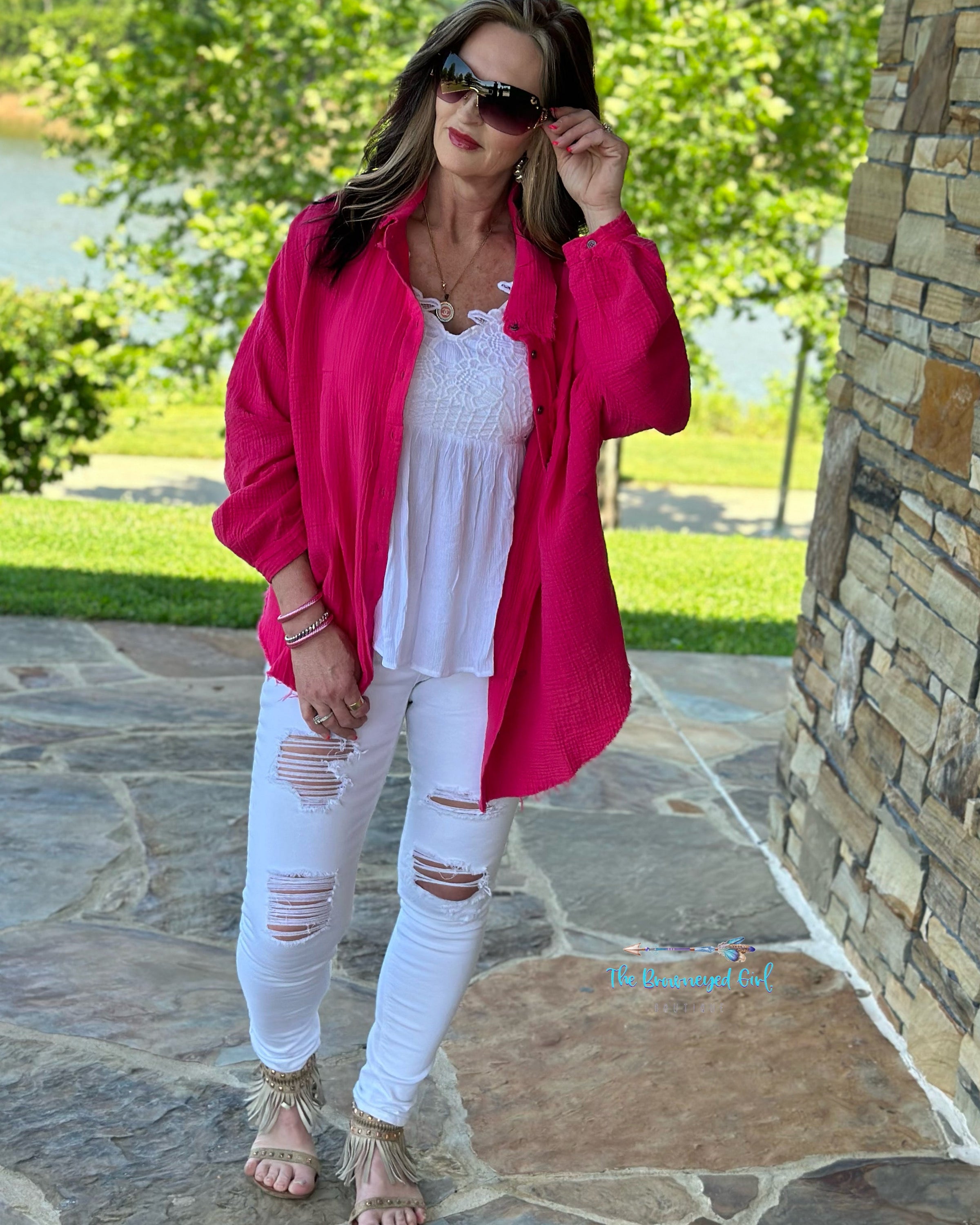 Woman Wearing Hot Pink Palm Beach Button Down | TheBrownEyedGirl Boutique