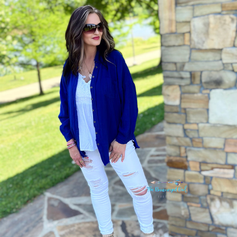 Woman Wearing Royal Blue Palm Beach Button Down | TheBrownEyedGirl Boutique