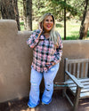 Women Wearing A Pink Ryann Bleached Distressed Flannel Button Down | TheBrownEyedGirl Boutique