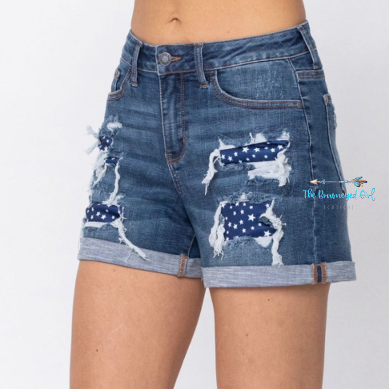 Judy Distressed Blue Star Patched Shorts | TheBrownEyedGirl Boutique