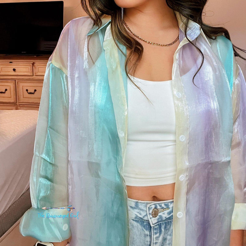 Rainbow Sheer Iridescent Button Down | TheBrownEyedGirl Boutique