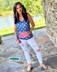 USA Star Criss Cross Tank  With Front Stripe Pocket| TheBrownEyedGirl Boutique