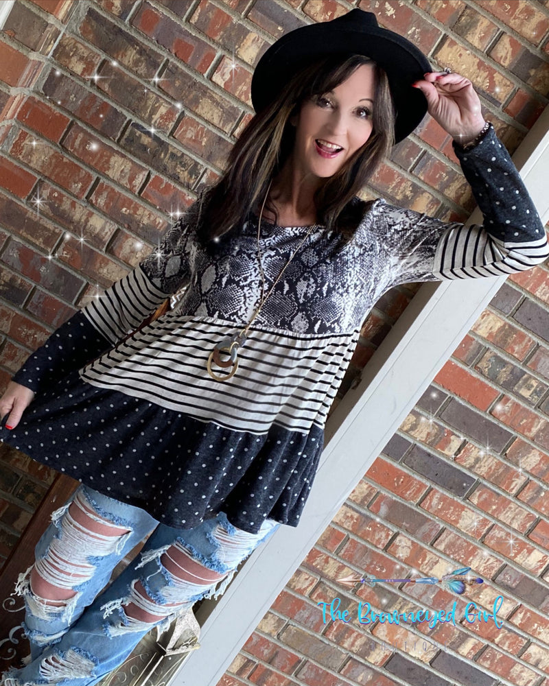 .....Baby Boho Me Snake Skin Babydoll Top | TheBrownEyedGirl Boutique