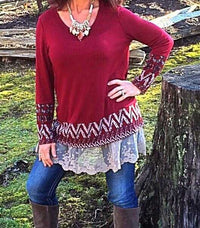 South Western Tribal Print Accented Burgundy Top - TheBrownEyedGirl Boutique