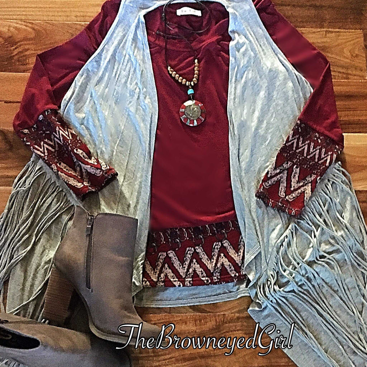 South Western Tribal Print Accented Burgundy Top - TheBrownEyedGirl Boutique