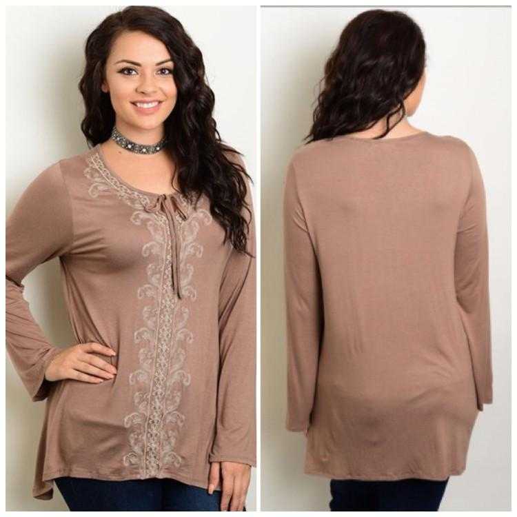 Mocha Light  with a Bohemian Flare Embroidered Tunic Plus Size - TheBrownEyedGirl Boutique
