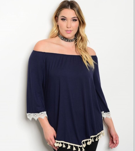 Navy & Ivory off the shoulder Tunic Plus - TheBrownEyedGirl Boutique