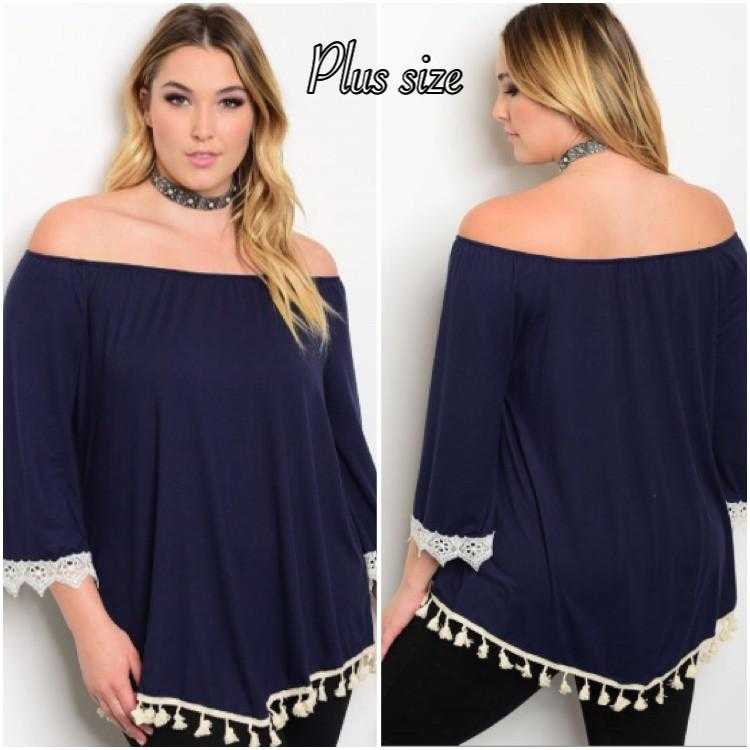 Navy & Ivory off the shoulder Tunic Plus - TheBrownEyedGirl Boutique