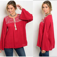 Entro Holiday Red Embroidered Top - TheBrownEyedGirl Boutique