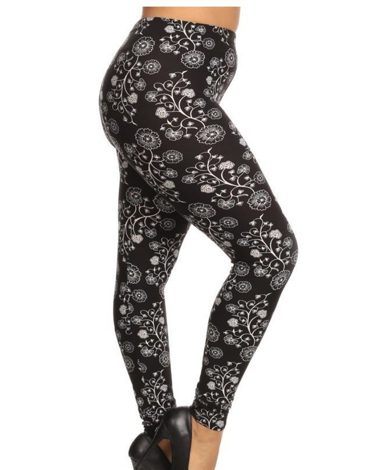 Leggings Black/White Geometric Floral Micro Fiber - TheBrownEyedGirl Boutique
