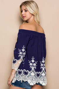 Miranda  Blue Off The Shoulder Lace Top - TheBrownEyedGirl Boutique