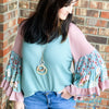 A Fairy's Garden Sage And Mauve Waffle Knit Top Printed Floral Bell Sleeve's 