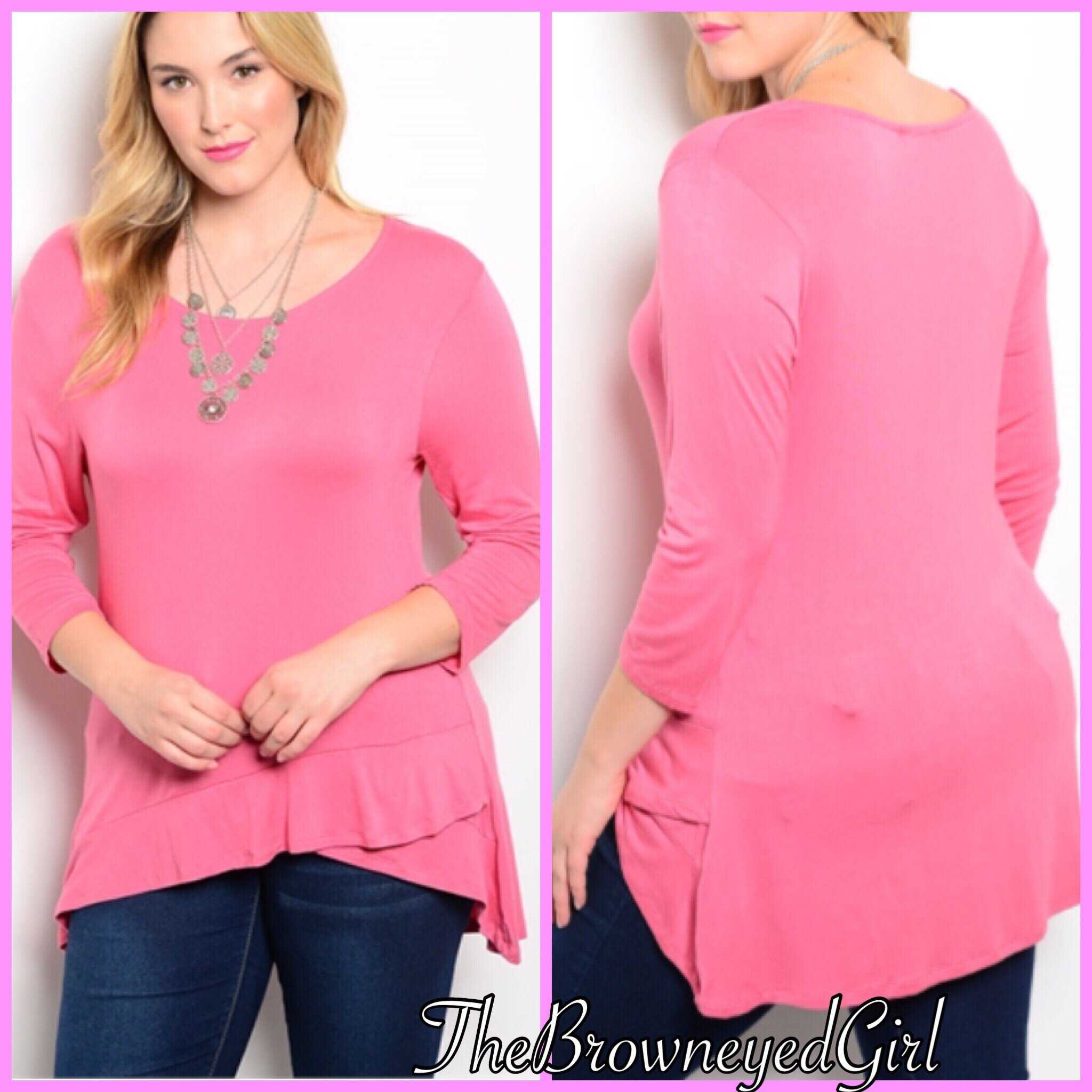 Pink Ruffle Trim 3/4 Sleeve top Plus Size - TheBrownEyedGirl Boutique