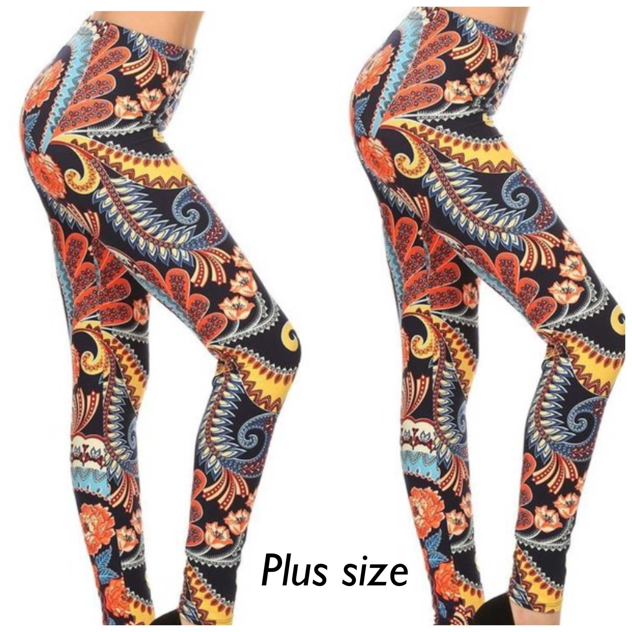 Pack of Two ONE Size Printed Leggings (Charcoal, Black/White Paisley, O/S)  at  Women's Clothing store