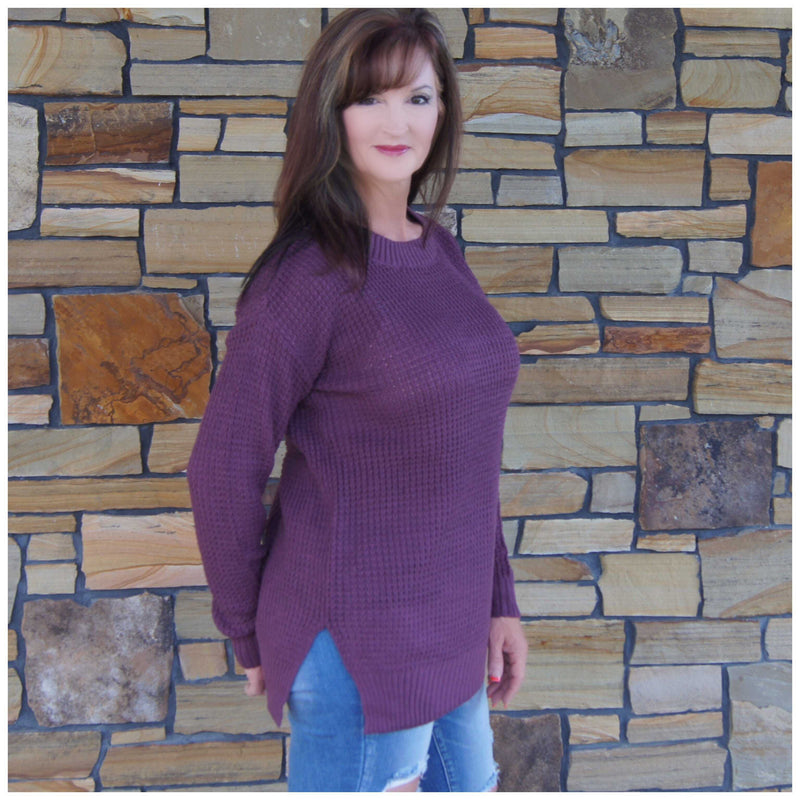 Waffle Knit Side -Slit Sweater Cabernet/ Eggplant/ Black - TheBrownEyedGirl Boutique