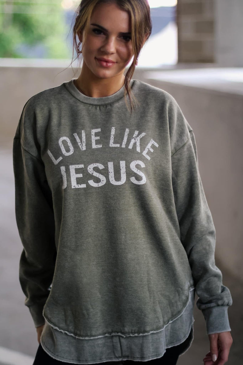 Love Like Jesus Acid Washed Sweatshirt Mustard/Olive | TheBrownEyedGirl Boutique