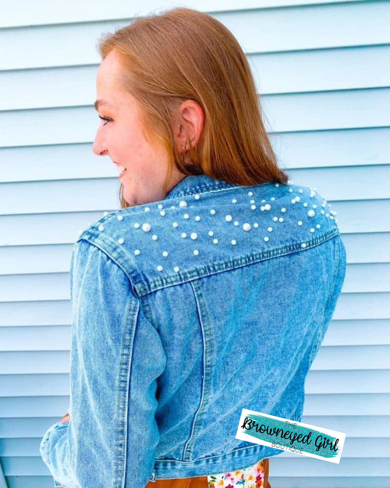Looking Back Oversized Crop Cut Pearl Jean Jacket | TheBrownEyedGirl Boutique