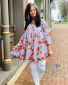 Blossoms To Blossoms Sky Blue Floral Print Tunic/Dress With 3/4 sleeves and Keyhole Neck Line