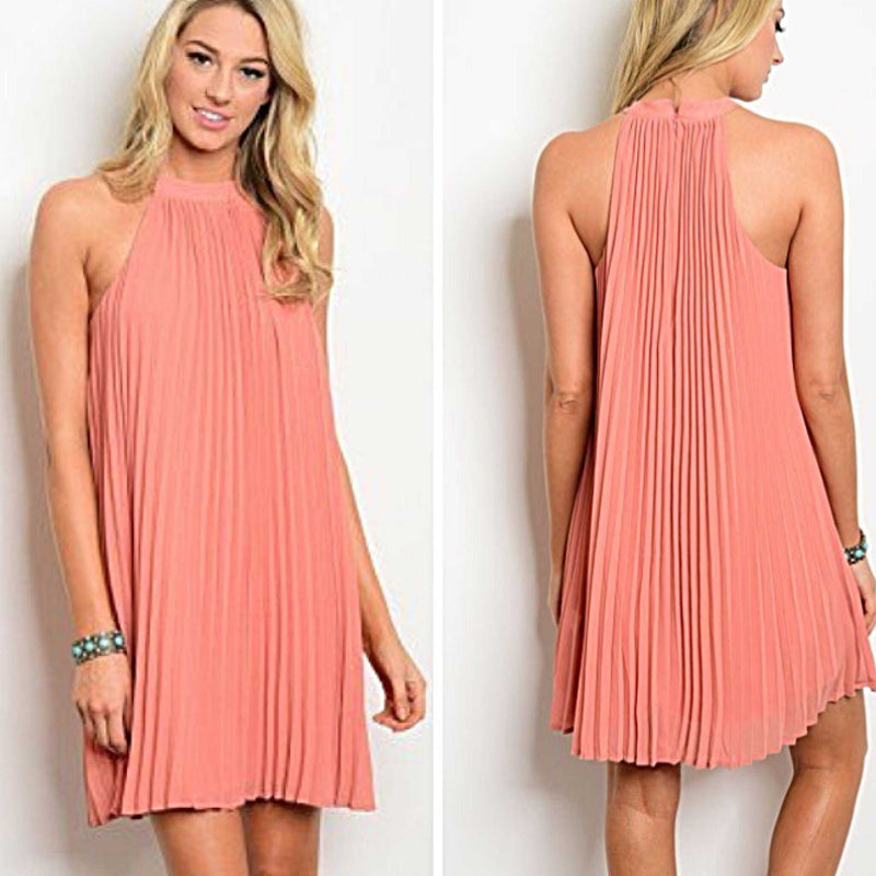 Peach Pleated Halter Dress Entro - TheBrownEyedGirl Boutique