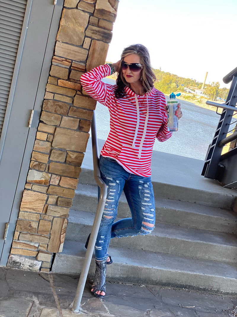 Red And White Stripe Hoodie | TheBrownEyedGirl Boutique