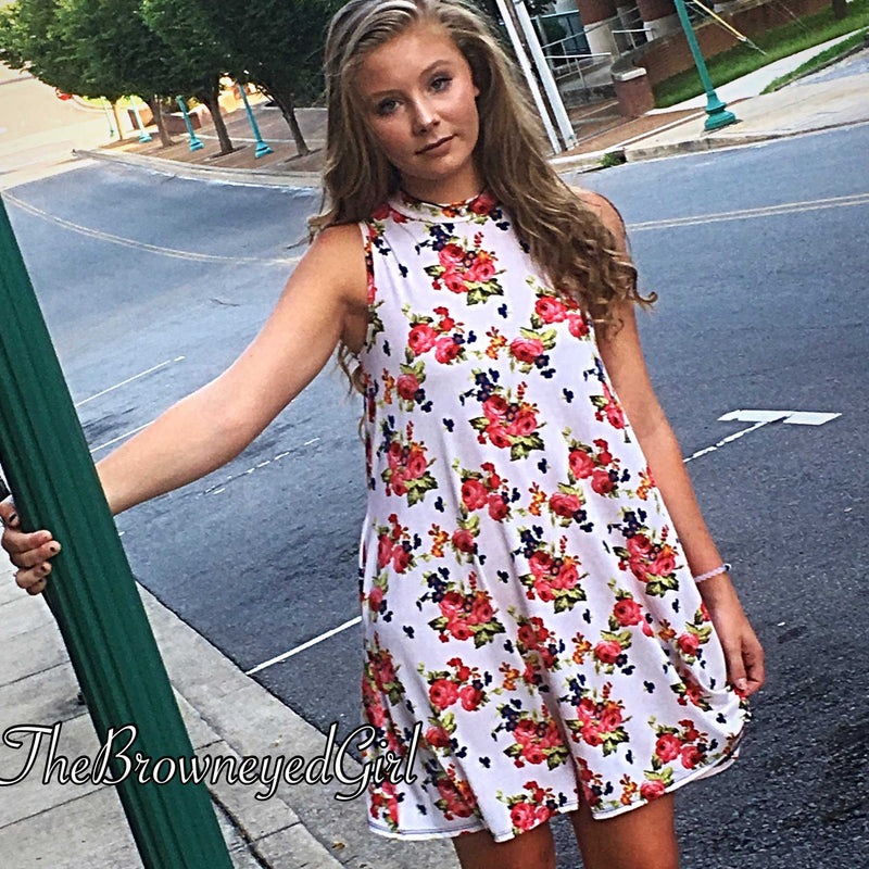 Kaleigh Floral Print Mock Neck Side Pocket Dress - TheBrownEyedGirl Boutique
