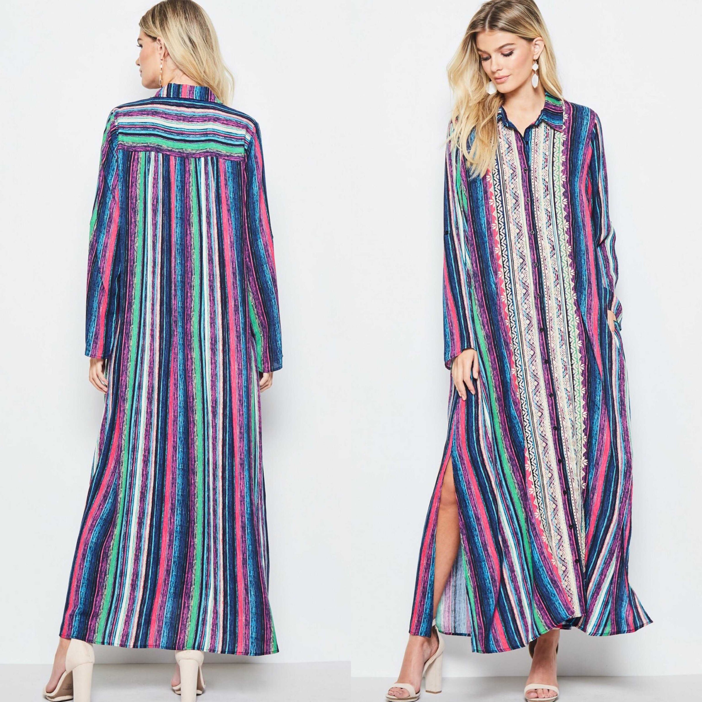 Boho Embroidered Candy Stripe Maxi Duster - TheBrownEyedGirl Boutique