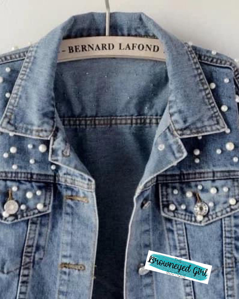 Looking Back Oversized Crop Cut Pearl Jean Jacket | TheBrownEyedGirl Boutique