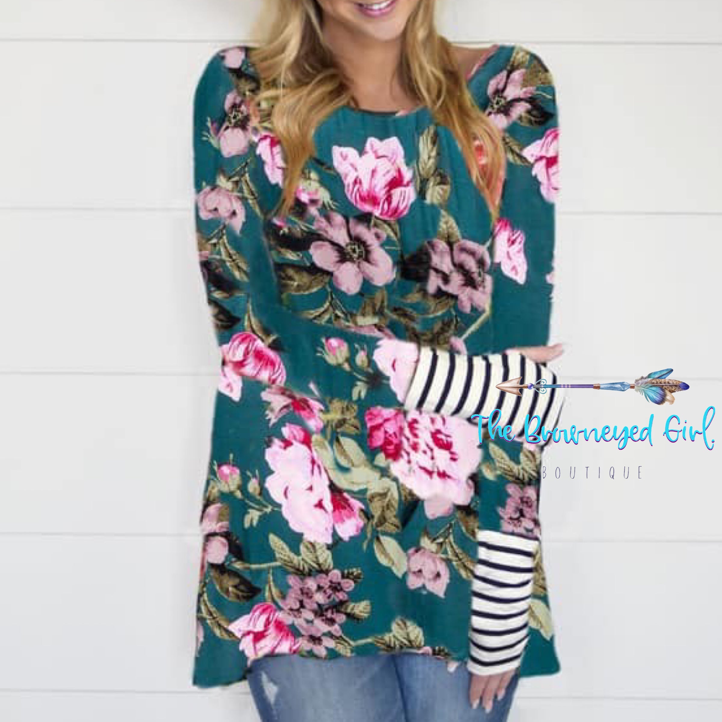 Carly Tunic Teal Or Mauve Floral With Contrasting Stripe Cuffs