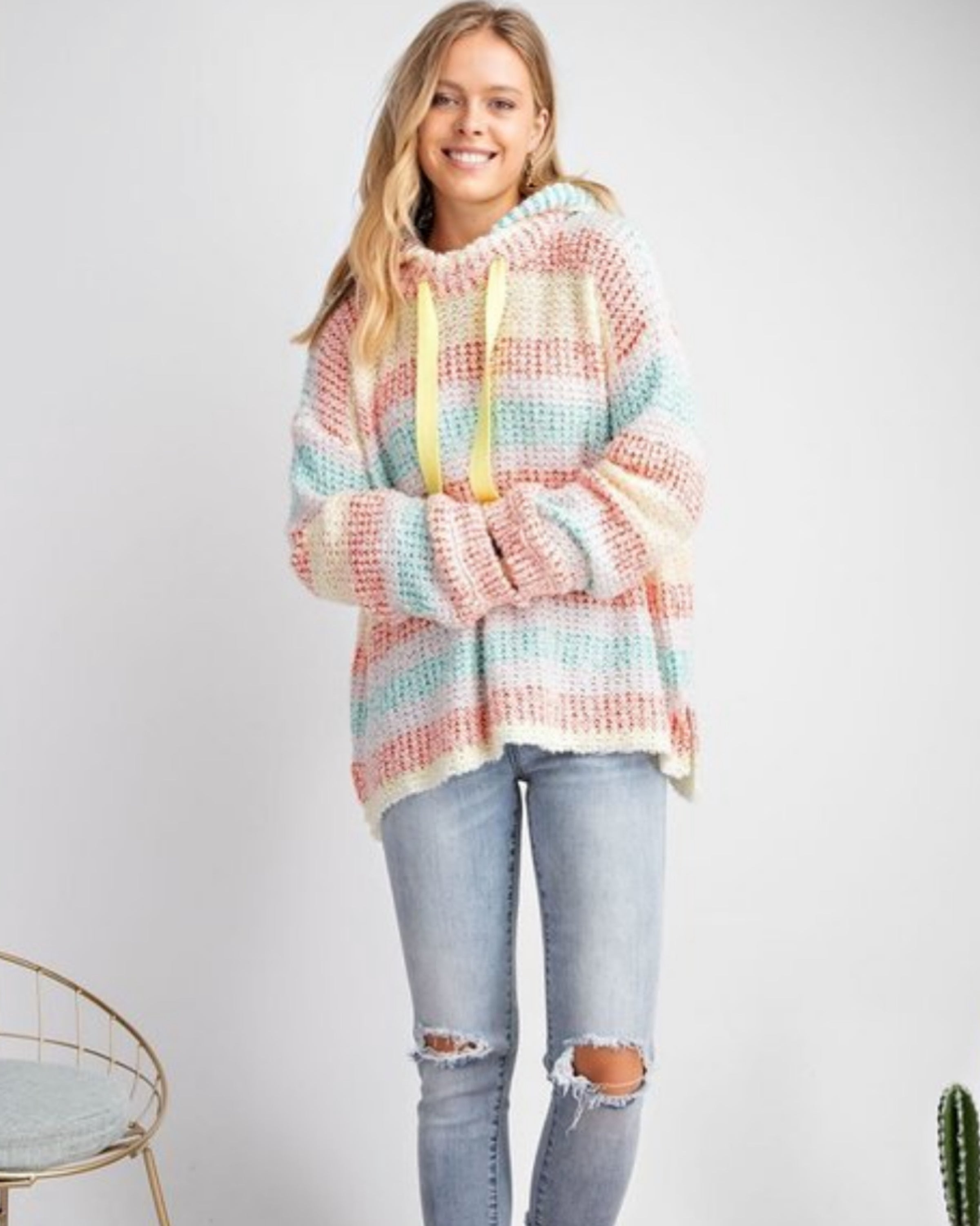 Easel Cotton Candy Striped Sweater PullOver Hoodie - TheBrownEyedGirl Boutique