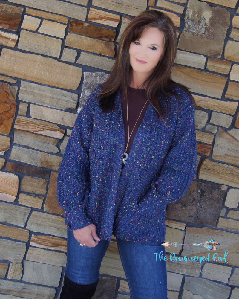 Life Is A Party Confetti Cardigan Blue/Rust - TheBrownEyedGirl Boutique