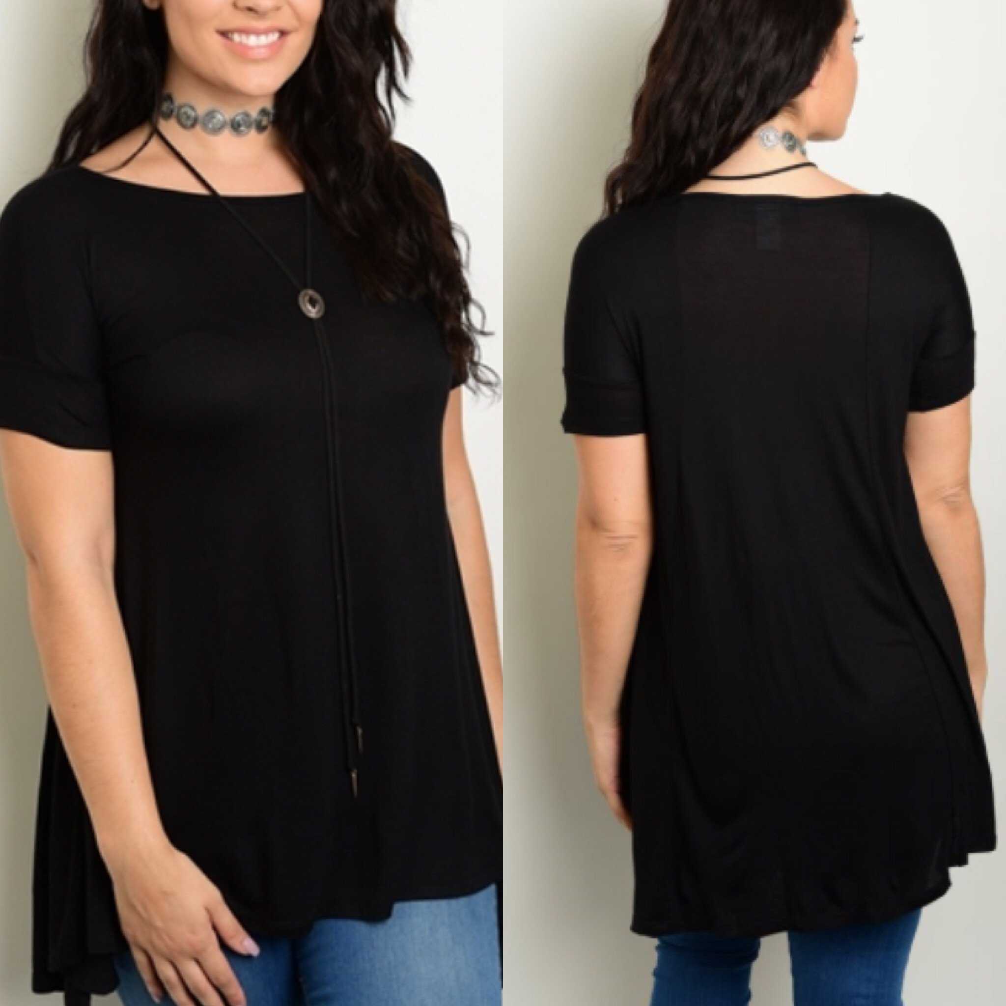 Solid Black Jersey Knit Swing Plus size Tunic - TheBrownEyedGirl Boutique