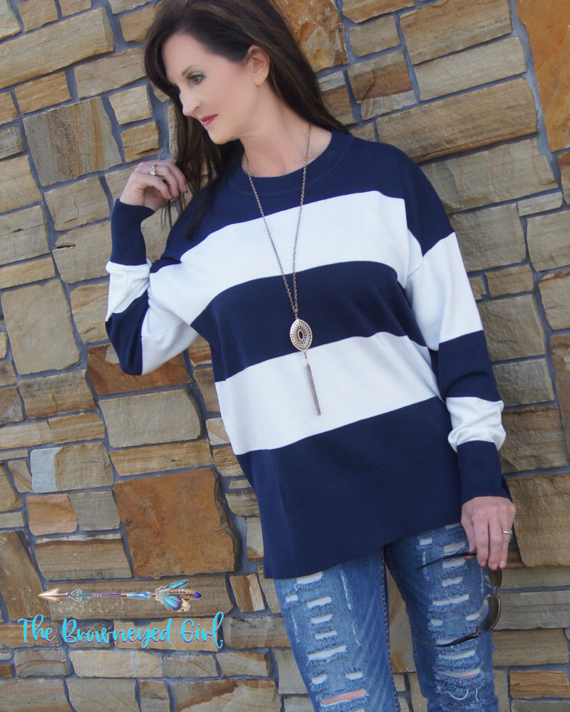 On The Go Color Blue And White Stripe Sweater - TheBrownEyedGirl Boutique