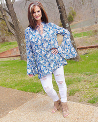 Jessica Indigo And White Floral Peasant Top - TheBrownEyedGirl Boutique