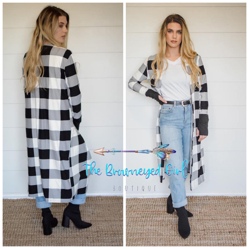 Buffalo Plaid Black And White Valentine  Long Cardigan With Solid Black Contrasting Thumb Hole Cuffs- TheBrownEyedGirl Boutique