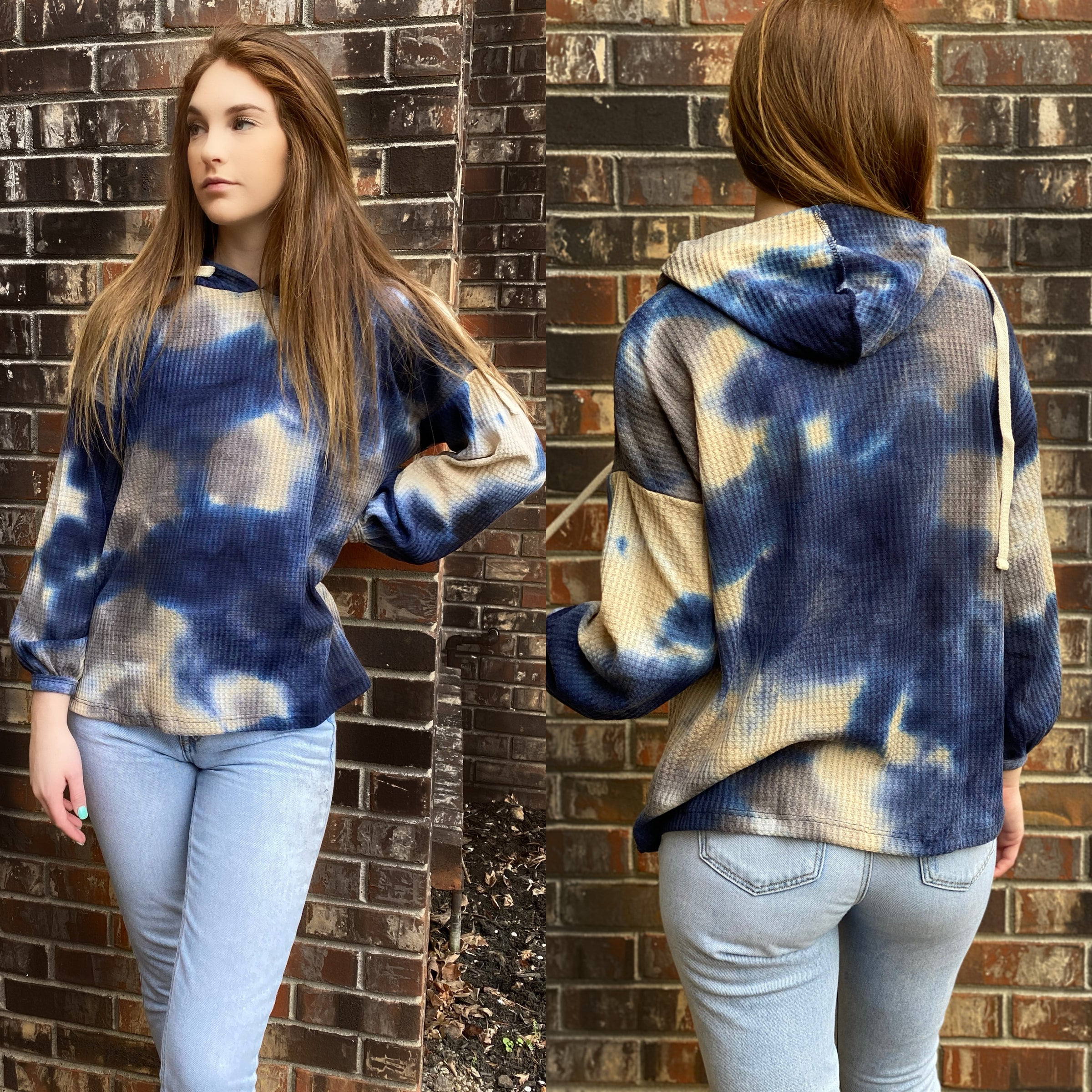 Girl Wearing Tie-Dye Bubble Sleeve Hoodie Fabric Is Ultra Soft Stretchy Colors Cobalt Blue ,White ,Cream, Grey USA MADE  Fits True To Size