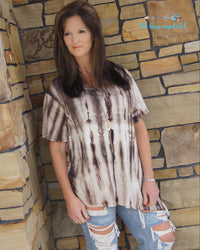 Plus Size Cream and Mocha angle cut tunic with a tie-dye pattern that covers the crew neck line. Slimming angle cut and short sleeves. USA MADE