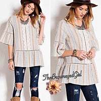 Crinkle Denim & Lace Striped Baby Doll Peasant Top - TheBrownEyedGirl Boutique