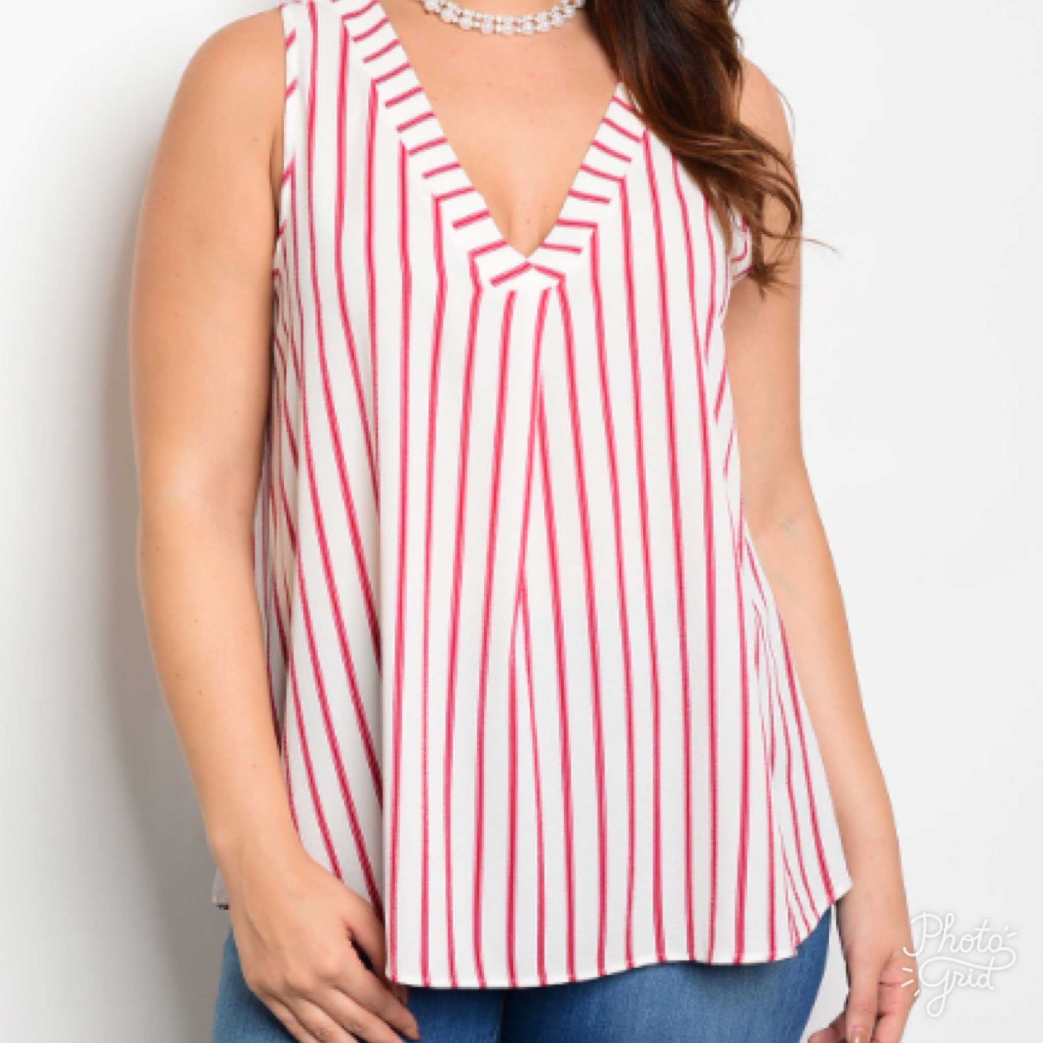 Red And Ivory Striped Sleeveless Blouse - TheBrownEyedGirl Boutique