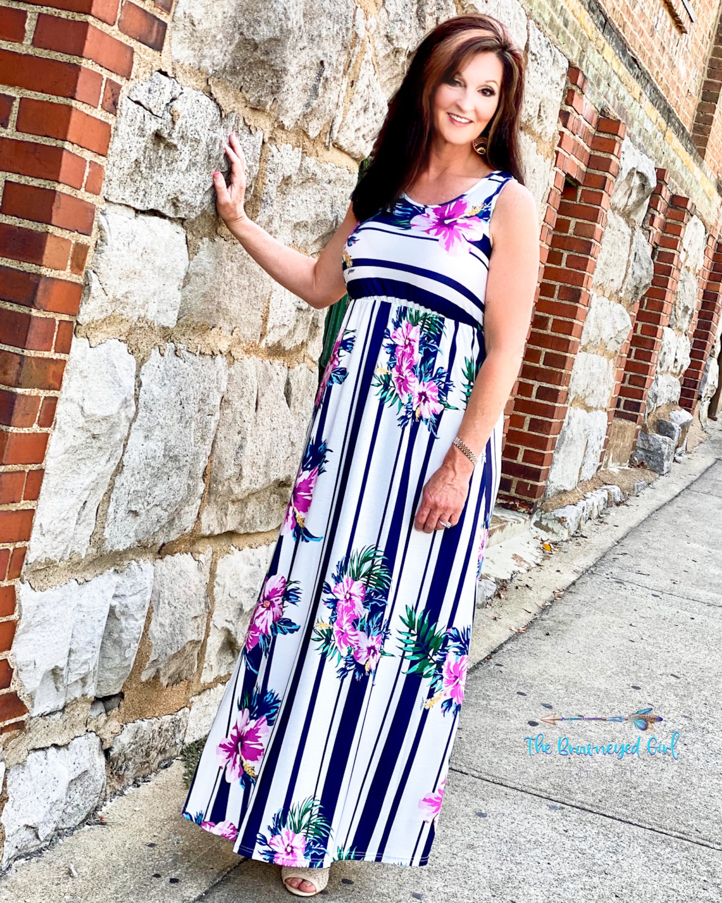 Woman Wearing Navy White Stripe Floral Maxi Dress Baby Doll Style Material Is Ultra Soft Stretchy Fits True To Size  Thebrowneyedgirl-Boutique/Products