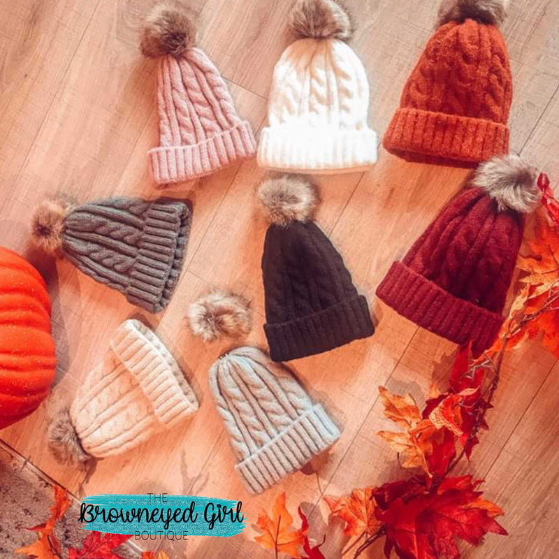 Cable Knit Soft Pompom Beanie - TheBrownEyedGirl Boutique