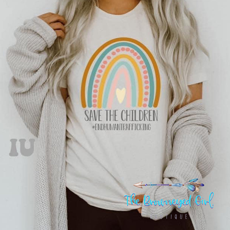 Woman wearing Save The Children End Human Traffickikng Short Sleeve Bella Canvas Tee  Uni sex Fit SMall-4x